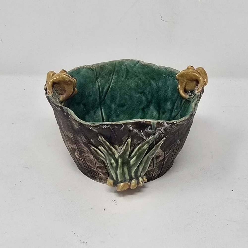Vtg Majolica‎ style frogs planter ceramic pottery pot green brown